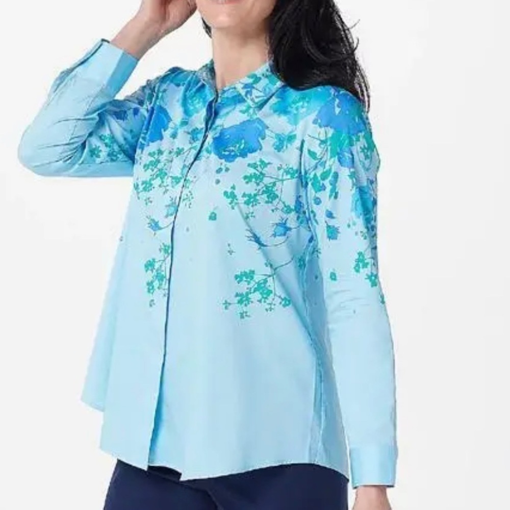 Isaac Mizrahi Blue Floral Printed Button Front Collared Blouse Cotton 22W NEW﻿﻿﻿